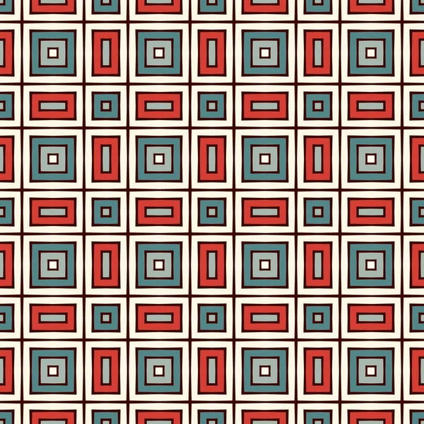 繰り返し正方形と民族スタイルのシームレスなパターン レトロな青と赤のパステルカラーの装飾抽象的な背景 幾何学的なモチーフ デジタルペーパー テキスタイルプリント ページフィル ベクトルアート — ストックベクタ