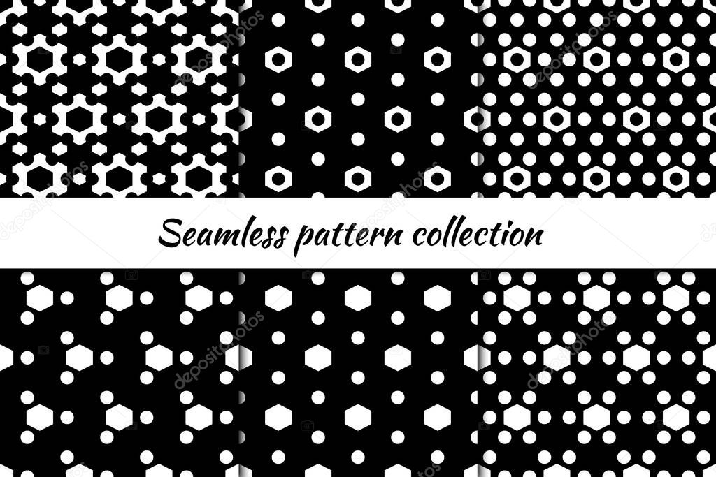Hexagons, circles, figures seamless patterns collection. Folk prints. Ethnic ornaments set. Tribal wallpapers kit. Geometrical backgrounds. Retro motif. Abstract images. Vector illustrations bundle.