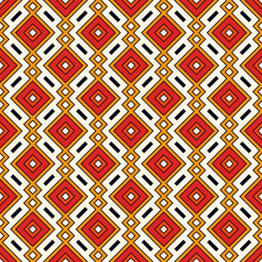 Etnik, kabilesel, pürüzsüz yüzey deseni. Tekrarlanan elmaslar ve eşkenar dörtgen motifler. Halkın geçmişi. Folklorik duvar kağıdı. Geometrik süs. Coğrafi dijital kağıt, tekstil baskısı. Vektör sanatı