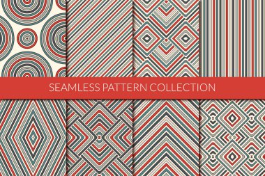 Çizgili, pürüzsüz desen koleksiyonu. Klasik geometrik arkaplan seti. Zig zag, simge, köşegen, dikey, dokuma çizgileri, daireler, elmas demetler. Tüm süsler kumaş paletine eklendi