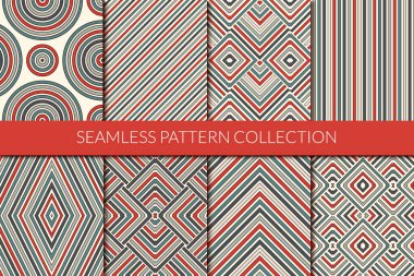 Striped seamless pattern collection. Classic geometric background set. Zig zag, chevron, diagonal, vertical, weaved lines, circles, diamonds print bundle. All ornaments were added in swatches palette clipart