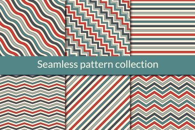 Çizgili, pürüzsüz desen koleksiyonu. Klasik geometrik tasarım arka plan seti. Zig zag, yatay, çapraz çizgi yüzey parmak izi kiti. Geo duvar kağıdı destesi. Tüm süsler kumaş paletine eklendi