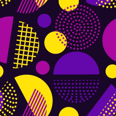 Çember, benekli, çizgili, pürüzsüz desen. Karışık doku düzensiz şekiller. Modern Memphis stil geometrik arka planı. Cesur, çağdaş jeo duvar kâğıdı. Soyut vektör süsü