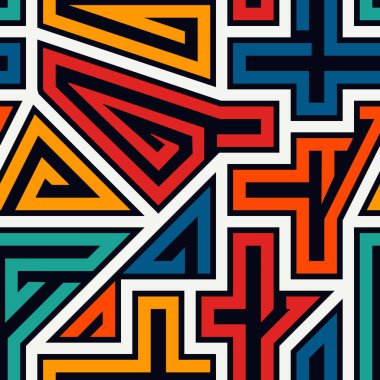 Parlak, etnik, kusursuz bir model. Kabile tarzı yüzey izi. Tekrarlanan düzensiz geometrik şekiller süs motifi. Canlı jeo labirent tasarımı duvar kağıdı. Vektör komik sanatsal soyut arkaplan