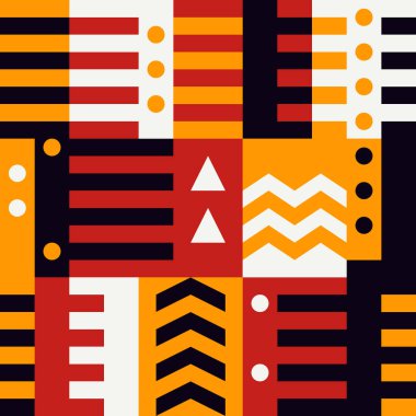 Geometrik dikişsiz desen. Bauhaus tarzı arka plan. Modüler ızgara baskısı. Çizgi, çizgi, ok, daire, dikdörtgen, blok süsü. Moda çağdaş jeo duvar kağıdı. Modern soyut vektör tasarımı