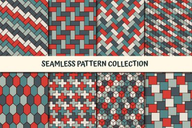 Döşeme mozaiksiz desen koleksiyonu. Geometrik arkaplan seti. Parke parmak izi kiti. Herringbone, altıgen, zig zag, çapraz, kare motif jeo demeti. Tüm süsler kumaş paletine eklendi