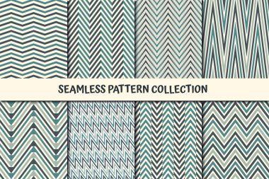 Zigzag çizgileri kusursuz desen koleksiyonu. Klasik geometrik tasarım arka plan seti. Zig zag, chevron, ringa kemiği parmak izi kiti. Geo duvar kağıdı vektör paketi. Tüm süsler kumaş paletine eklendi