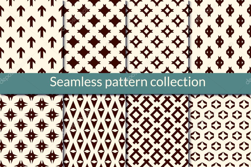 Minimal geometric seamless pattern collection. Simple geo design background set. Mini star, diamond, arrow motif print kit. Modern wallpaper vector bundle. All ornaments were added in swatches palette