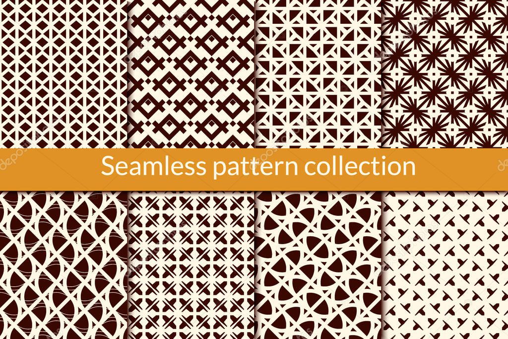 Minimal geometric seamless pattern collection. Simple geo design background set. Mini triangle, arrow motif print kit. Ethnic wallpaper vector bundle. All ornaments were added in swatches palette