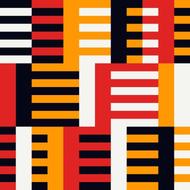 Geometrik dikişsiz desen. Bauhaus tarzı arka plan. Modüler ızgara baskısı. Düz çizgi, çizgi, çizgi, çizgi, dikdörtgen, süs. Moda çağdaş jeo duvar kağıdı. Modern soyut vektör tasarımı