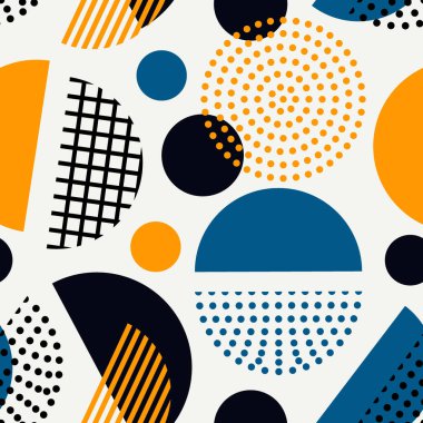 Çember, benekli, çizgili, pürüzsüz desen. Karışık doku düzensiz şekiller. Modern Memphis stil geometrik arka planı. Cesur, çağdaş jeo duvar kâğıdı. Soyut vektör süsü