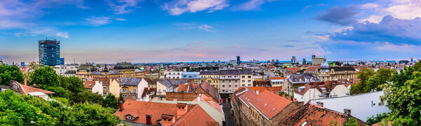 Aerial panorama of Zagreb downtown from upper part of city, european capital town and famous travel destination, Croatia Europe.