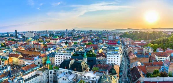 Zagreb City Sunset Panorama Amazing Aerial Panorama Zagreb Downtown Sunset — Stock Photo, Image