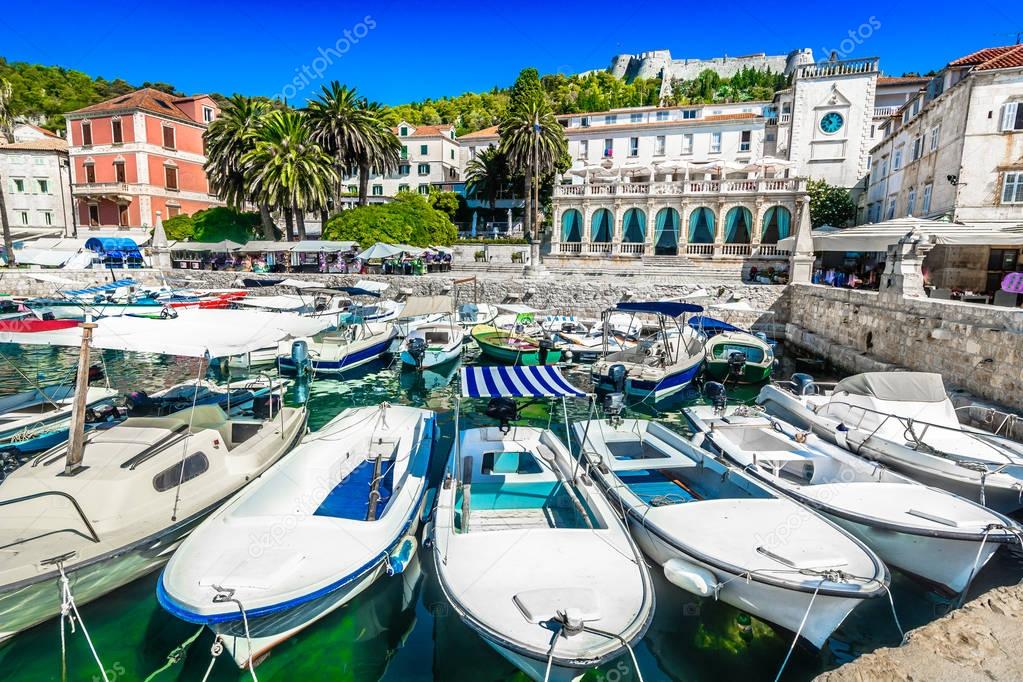 Hvar town idyllic scenic. / Scenic view at picturesque mediterranean town Hvar in Dalmatia region, Croatia, european summer travel places.