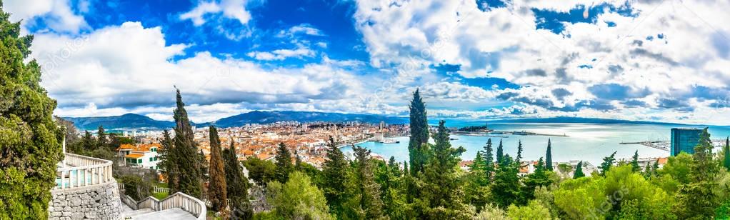 Split cityscape panorama aerial. / Colorful aerial panorama of ancient roman city Split in Croatia, Adriatic Coast. 