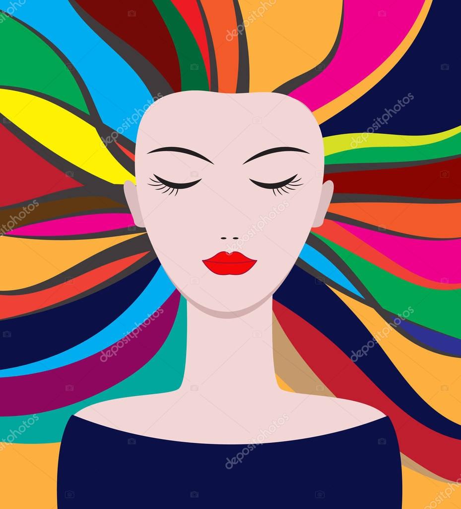 Hair coloring. Vector portrait of a girl with multi-colored strands.