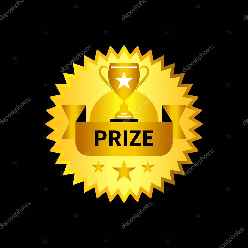Gold medal with Cup, stars and ribbon. Logo, icon prize. Vector illustration
