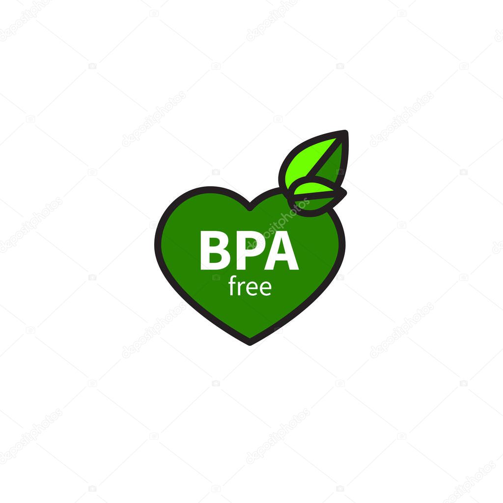 BPA free icon, green symbol, BPA free green vector symbol with heart and leaves