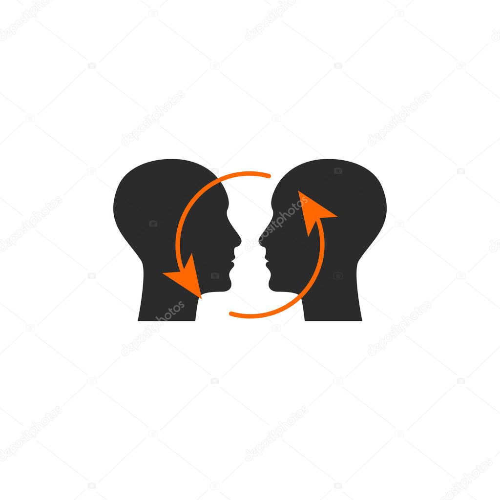 Empathy logo, coach icon, two faces and arrows, psychologist sign, empathy idea, psychology concept, vector color illustration