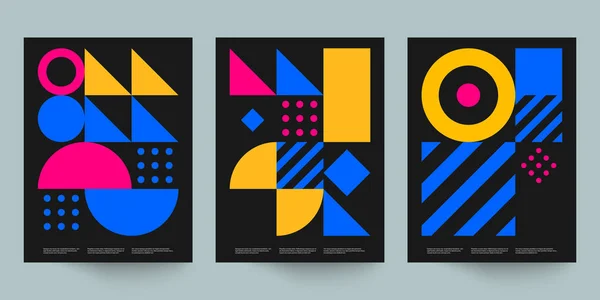 バウハウス幾何学的最小ポスター 小冊子用カバー パンフレット ベクトルカラーテンプレート 黒と黄色のスイスのパターン — ストックベクタ