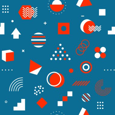 80 'lerin tarzında kusursuz memphis deseni, geometrik şekilli moda havalı arka plan, hipster fon. Vektör illüstrasyonu