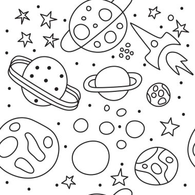 Kusursuz uzay deseni, yıldızlar, gezegenler ve roket, siyah ve beyaz çizgi arkaplanı, el çizimi çizimi çizimi çizim çizimi