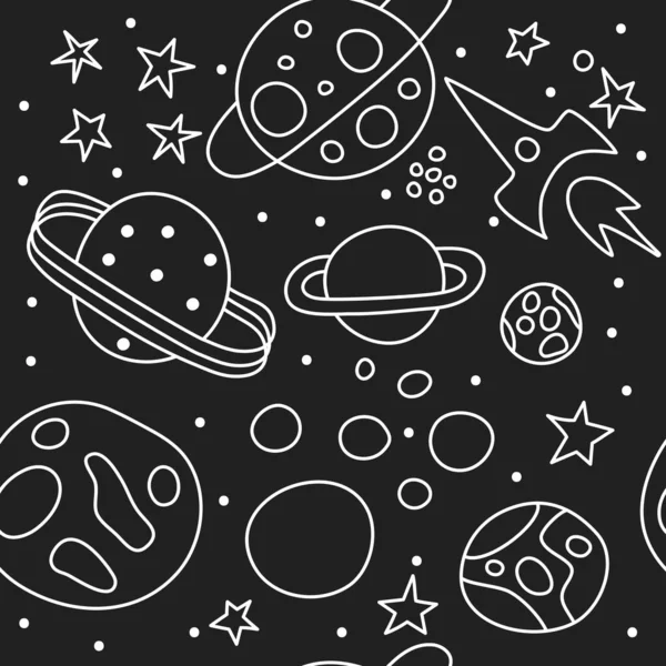 Seamless Space Pattern Stars Planets Rocket Black White Line Space — Stock Vector