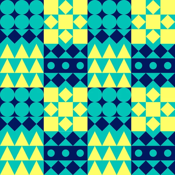 Geometryczne Tło Płytek Kolor Bauhaus Bezszwowy Wzór Kręgów Kwadratów Trójkątów — Wektor stockowy
