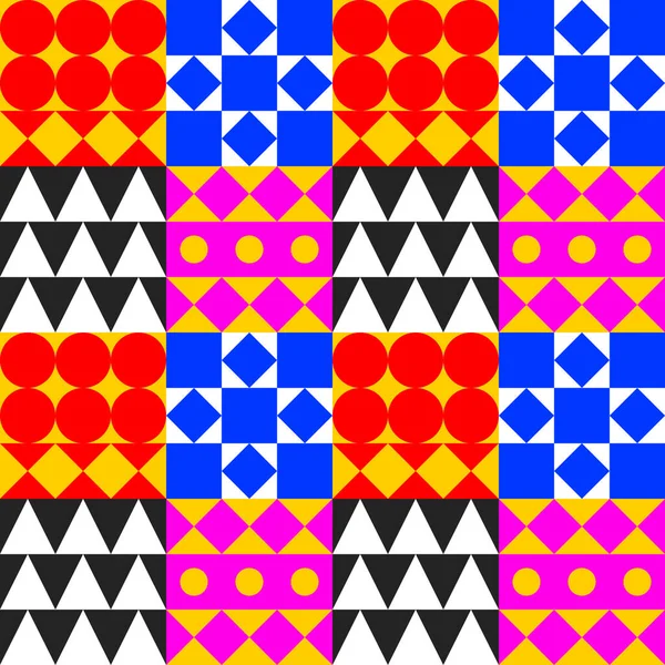 Geometryczne Tło Płytek Kolor Bauhaus Bezszwowy Wzór Kręgów Kwadratów Trójkątów — Wektor stockowy