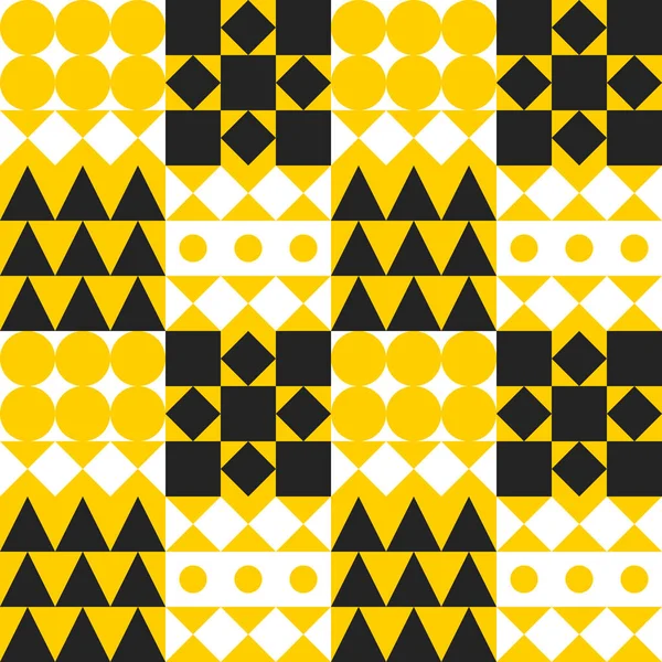 几何黄色瓷砖背景 铝箔色无缝图案与圆形 正方形和三角形 时尚的不同形状现代印刷 瑞士设计 矢量抽象马赛克 — 图库矢量图片