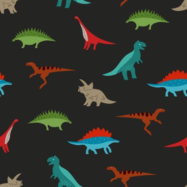 Tişört izi için kusursuz renk Dino deseni. Tekstil, kumaş ya da kağıt paketleyen çocuklar için dinazorların siyah arka planını tekrarla