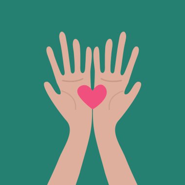 Kalp ellerinde, gönüllü yardım konsepti, hayır kurumu. Destek, ilgi ve sevgi dışında. Renk illüstrasyonu