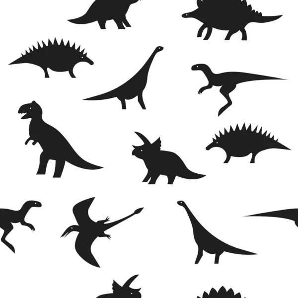 Patrón Dino Blanco Negro Sin Costuras Siluetas Dinosaurios Sobre Fondo — Vector de stock