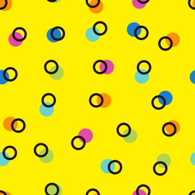 Pırıl pırıl sarı desenli, çift noktalı, renkli daireli. Doğum günü, yıldönümü, düğün davetiyeleri için arka plan. Yazdırma, tekstil veya kumaş şablonu