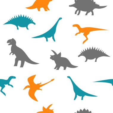 Kusursuz siyah-beyaz dinazor deseni. Tekstil, baskı, kumaş veya kağıt ambalajı için beyaz arkaplanda dinozor siluetleri