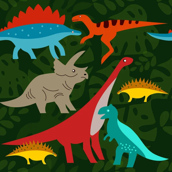 热带树叶背景上的恐龙 迪诺卡通人物 无缝光滑的动物图案 — 图库矢量图片