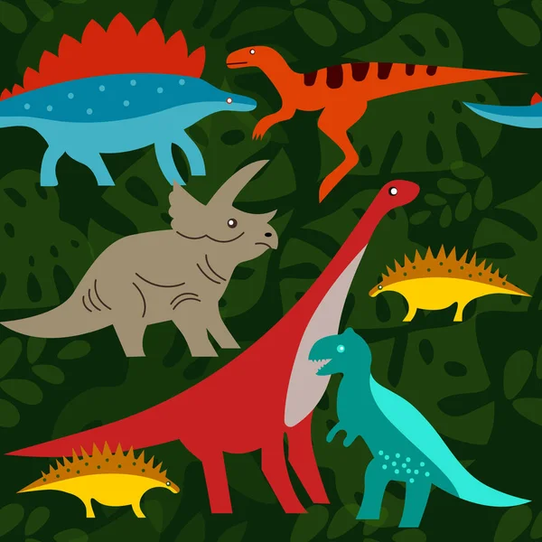 Tropik yaprakların arka planında dinozorlar. Dino çizgi film karakterleri. Kusursuz pürüzsüz hayvan deseni