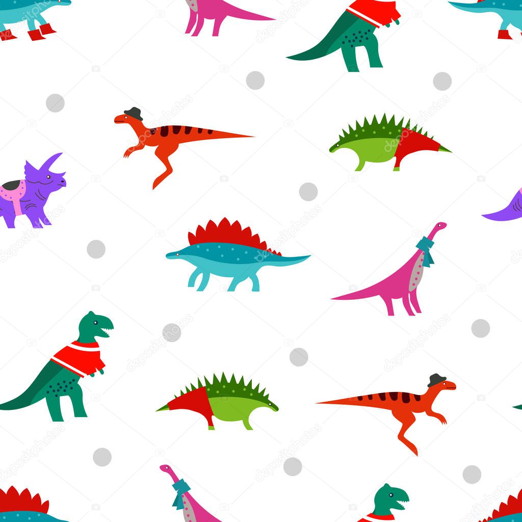 Dinosaurs in funny clothes on white background. Childish cartoon illustration. Template for baby wallpaper, print, fabric or textile, wrapping paper. Element of invitation for kids birthday