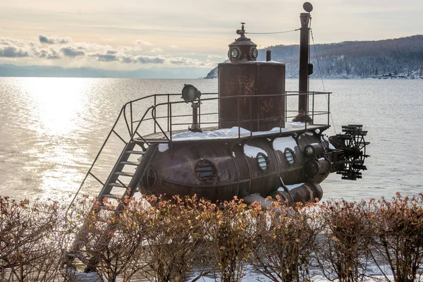 Old submarine near lake — Stock Photo, Image