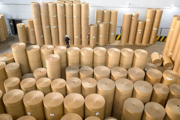 Storage paper carton paper factory many bobbin — Stock Photo, Image