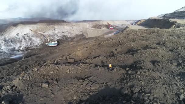 Coal mining mine open pit aerial view above industry — 图库视频影像