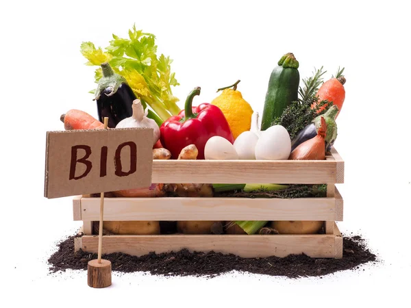 Bio Gemüse Rustikaler Holzkiste Und Mutterboden Mit Quadratischem Pappschild Preisschild — Stockfoto