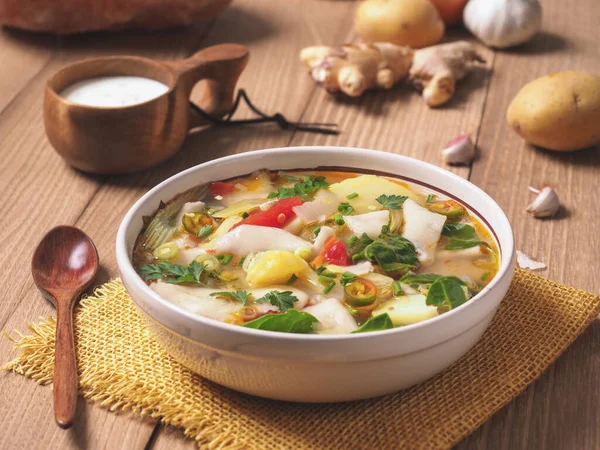 Thentuk Tradicional Tibete Sopa Com Legumes Chá Cha Tibetan — Fotografia de Stock