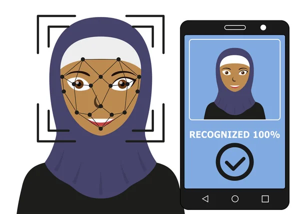 Biometrische Identifizierung. Gesichtserkennungssystem. mobile App zur Gesichtserkennung. Araberin. Vektorillustration — Stockillustration Biometrische Identifizierung. Gesichtserkennung. — Stockvektor