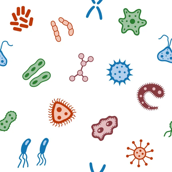 Fundo sem emenda de bactérias micróbios ícones de microrganismos vírus . —  Vetores de Stock