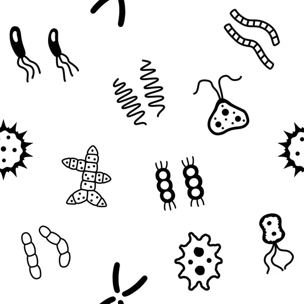 Fundo sem emenda de bactérias micróbios ícones de microrganismos vírus . —  Vetores de Stock