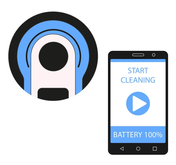 Smartphone-App zur Steuerung von Staubsaugerrobotern. Staubsauger-Fernbedienung. Vektorillustration. — Stockillustration Smartphone-App zur Steuerung von Staubsaugerrobotern. — Stockvektor