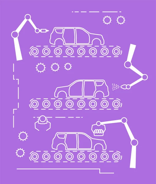 Ligne mince style chaîne d'assemblage de voiture . — Image vectorielle
