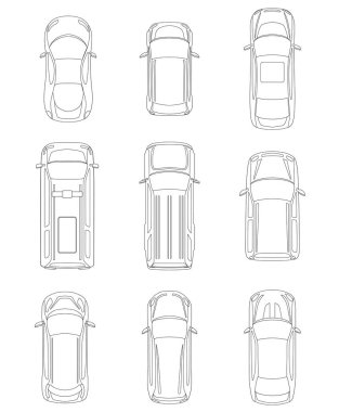 Arabalar üstten görünüm kümesi.