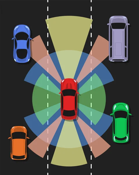 Vue de dessus de voiture autonome. Véhicule autonome . — Image vectorielle